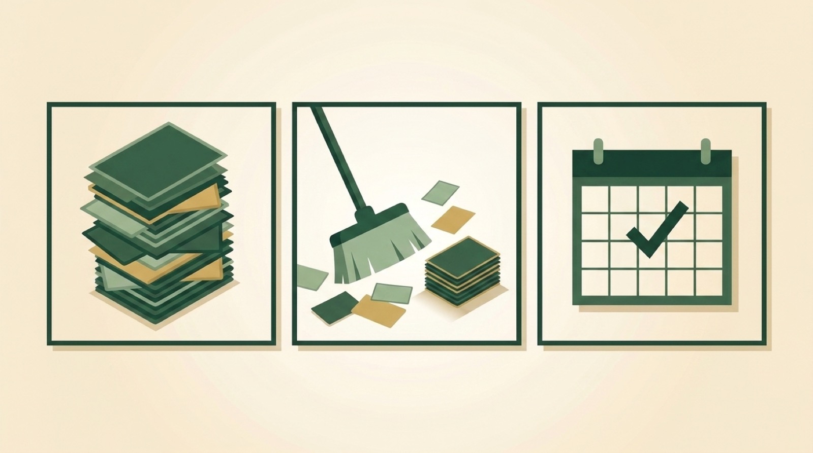 Illustration of three panels — a stack of papers, a broom sweeping pages into order, and a calendar with a checkmark