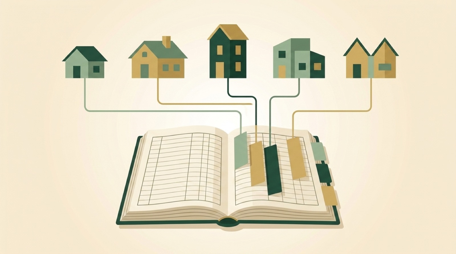 Illustration of a ledger with colored tabs, each connected to its own small house