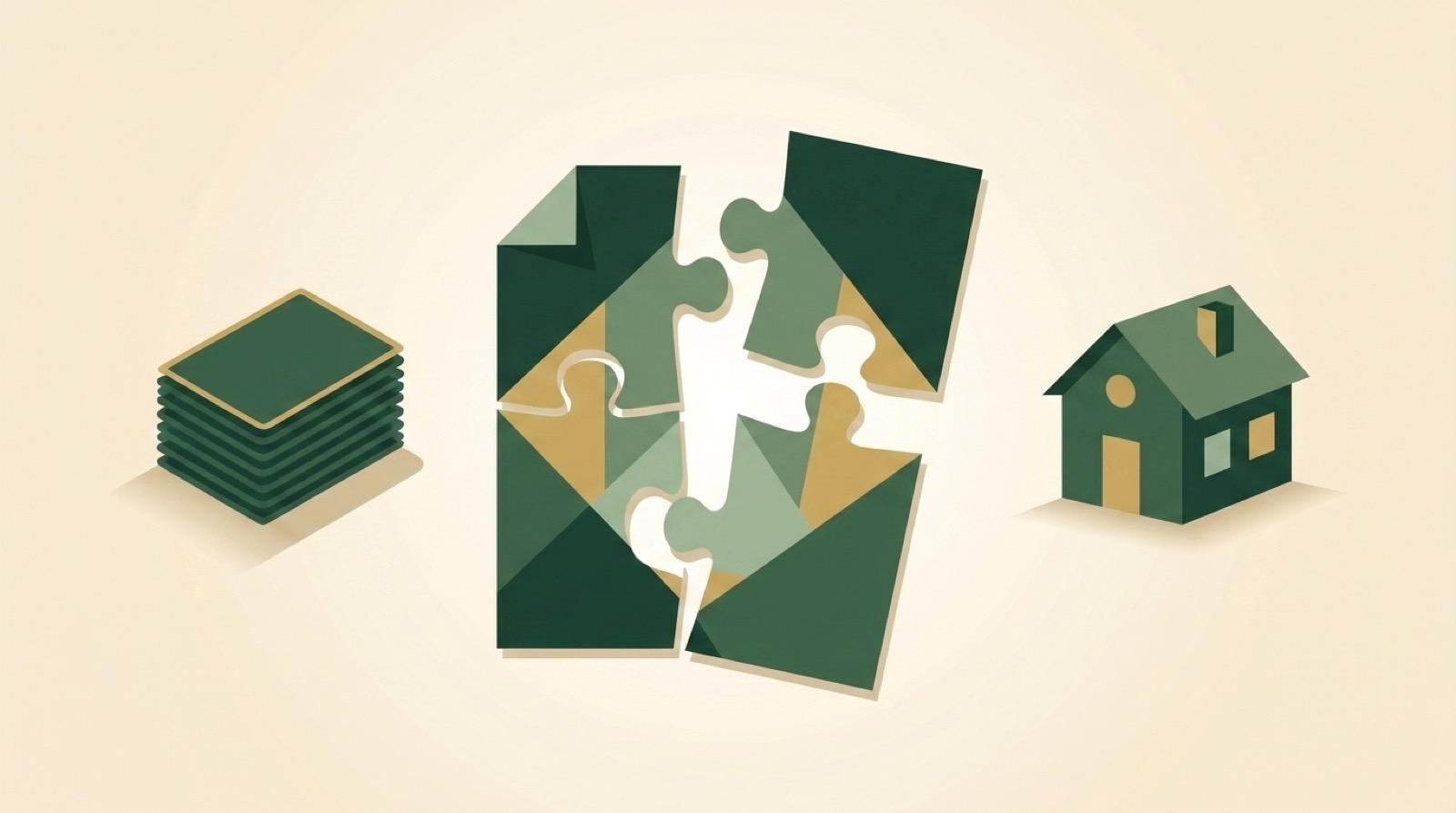 Illustration of a document in puzzle pieces being reassembled beside bank statements and a house