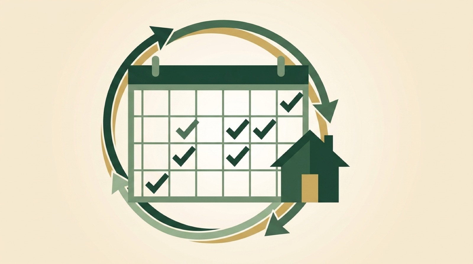 Illustration of a monthly calendar with green checkmarks, a small house, and circular arrows showing a steady cycle