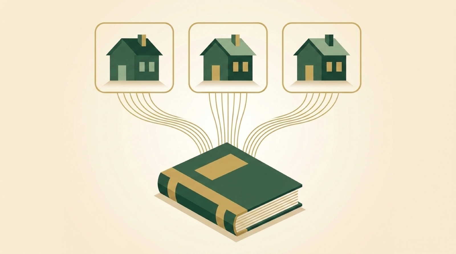 Illustration of three houses, each in its own boundary, connecting to one ledger book