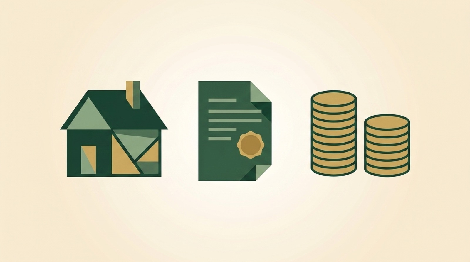 Illustration of a house, a sealed note document, and two separate stacks of coins