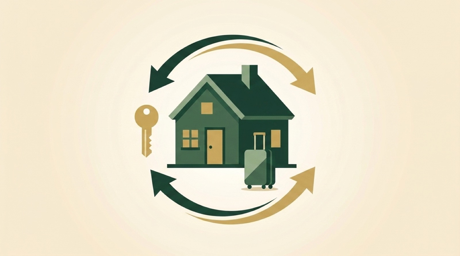 Illustration of a cottage with a key, a suitcase, and arrows circling for guest turnover