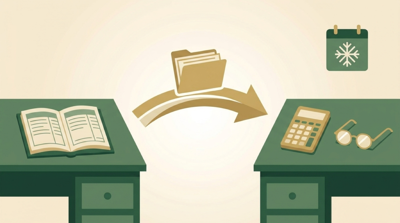 Illustration of a tidy folder of statements passing from a ledger desk to an accountant's desk, a calendar showing December